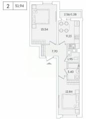 ЖК «Lampo», планировка 2-комнатной квартиры, 50.40 м²