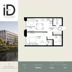 ЖК «ID Petrogradskaya», планировка 1-комнатной квартиры, 38.88 м²