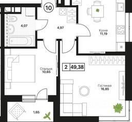 ЖК «Пушкино Град», планировка 2-комнатной квартиры, 49.53 м²