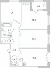МЖК «Дубровский», планировка 3-комнатной квартиры, 76.45 м²