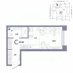 ЖК «Страна.Озерная», планировка студии, 26.60 м²