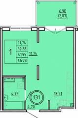 МЖК «Образцовый квартал 16», планировка 1-комнатной квартиры, 39.88 м²