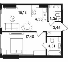 ЖК «Solos», планировка 1-комнатной квартиры, 47.99 м²