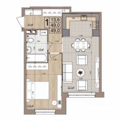 ЖК «Гранд Комфорт», планировка 1-комнатной квартиры, 49.00 м²