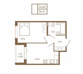 МЖК «Новая история», планировка 1-комнатной квартиры, 36.41 м²