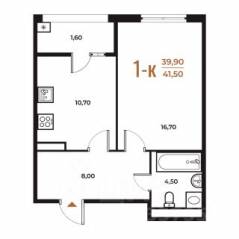 ЖК «Новое Летово», планировка 1-комнатной квартиры, 41.50 м²