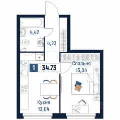 ЖК «Максималист», планировка 1-комнатной квартиры, 34.73 м²