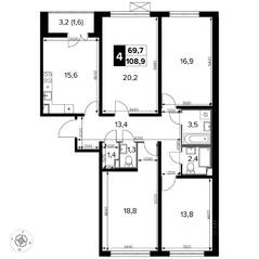 ЖК «Южная Битца», планировка 4-комнатной квартиры, 110.20 м²