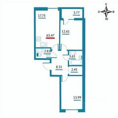 ЖК «Левитан», планировка 2-комнатной квартиры, 63.47 м²
