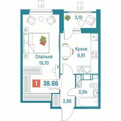 ЖК «Графика», планировка 1-комнатной квартиры, 38.66 м²