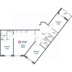 ЖК «Фотограф», планировка 3-комнатной квартиры, 91.60 м²