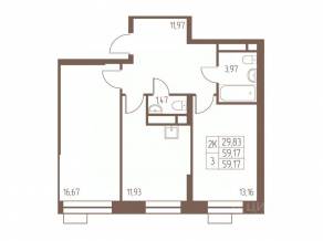 ЖК «Западная Ивантеевка», планировка 2-комнатной квартиры, 59.20 м²