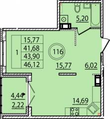 МЖК «Образцовый квартал 15», планировка 1-комнатной квартиры, 41.68 м²