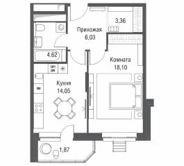ЖК «Одинбург», планировка 1-комнатной квартиры, 48.03 м²
