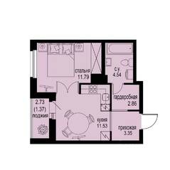 ЖК «ID Murino III», планировка 1-комнатной квартиры, 35.44 м²