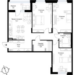 МЖК «Экография», планировка 3-комнатной квартиры, 85.70 м²