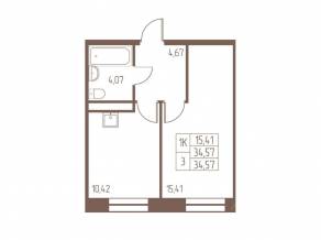 ЖК «Западная Ивантеевка», планировка 1-комнатной квартиры, 34.60 м²