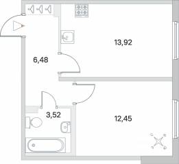 МЖК «Новое Сертолово», планировка 1-комнатной квартиры, 36.37 м²