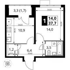 ЖК «Южная Битца», планировка 1-комнатной квартиры, 38.00 м²