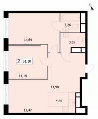 ЖК «Self», планировка 2-комнатной квартиры, 61.40 м²