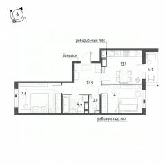 ЖК «Монография», планировка 2-комнатной квартиры, 57.80 м²