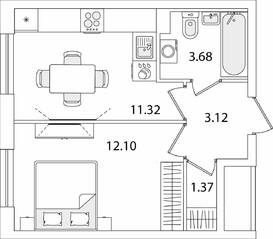 ЖК «Кинопарк», планировка 1-комнатной квартиры, 31.59 м²