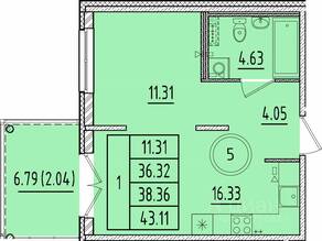 МЖК «Образцовый квартал 17», планировка 1-комнатной квартиры, 36.32 м²