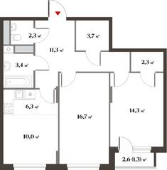 ЖК Миниполис «Восемь кленов», планировка 3-комнатной квартиры, 70.50 м²