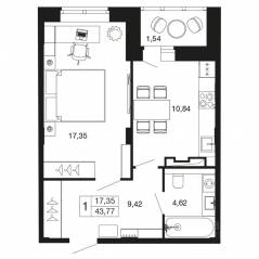ЖК «Времена года», планировка 1-комнатной квартиры, 43.77 м²