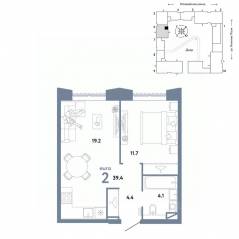 ЖК «Страна.Заречная», планировка 2-комнатной квартиры, 39.40 м²