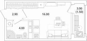 ЖК «Тайм Сквер», планировка студии, 24.50 м²