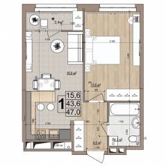 ЖК «Гранд Комфорт», планировка 1-комнатной квартиры, 47.00 м²