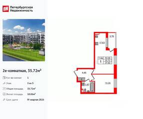 ЖК «Парадный ансамбль», планировка 1-комнатной квартиры, 35.72 м²