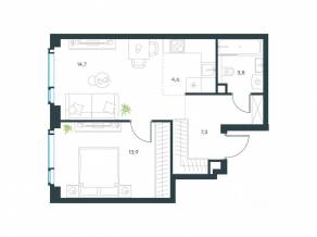 ЖК «Level Мичуринский», планировка 2-комнатной квартиры, 44.20 м²