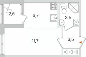 МЖК «Дубровский», планировка студии, 26.70 м²