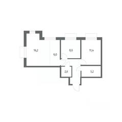 ЖК «Парусная 1», планировка 3-комнатной квартиры, 57.40 м²