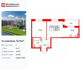 ЖК «Парадный ансамбль», планировка 1-комнатной квартиры, 36.36 м²