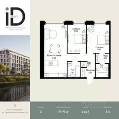 ЖК «ID Petrogradskaya», планировка 2-комнатной квартиры, 70.75 м²
