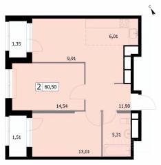 ЖК «Self», планировка 2-комнатной квартиры, 60.80 м²