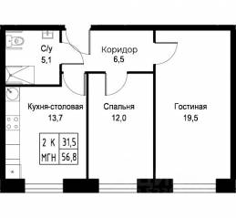Апарт-комплекс «Aist Residence», планировка 2-комнатной квартиры, 56.80 м²