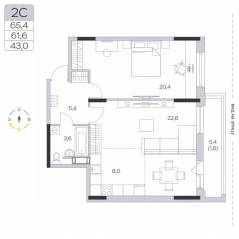ЖК «Пироговская Ривьера», планировка 2-комнатной квартиры, 61.30 м²