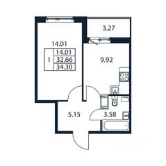 ЖК «Полис ЛАВрики», планировка 1-комнатной квартиры, 33.74 м²