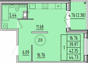 МЖК «Образцовый квартал 17», планировка 1-комнатной квартиры, 39.97 м²