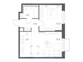 ЖК «Томилино Парк», планировка 1-комнатной квартиры, 43.66 м²