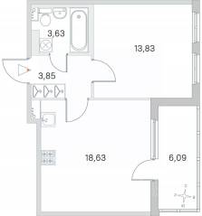 МЖК «Любоград», планировка 1-комнатной квартиры, 42.99 м²