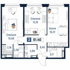 ЖК «Максималист», планировка 2-комнатной квартиры, 61.40 м²