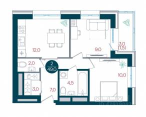 ЖК «Русич Кантемировский», планировка 1-комнатной квартиры, 49.00 м²
