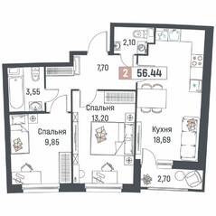 ЖК «Авиатор» (Девяткино), планировка 2-комнатной квартиры, 56.44 м²