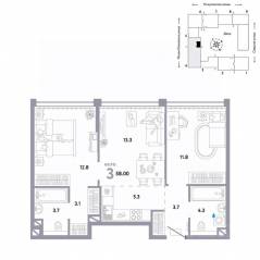 ЖК «Страна.Озерная», планировка 3-комнатной квартиры, 58.00 м²