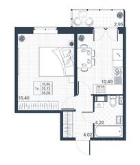 ЖК «Ново-Антропшино», планировка 1-комнатной квартиры, 34.90 м²